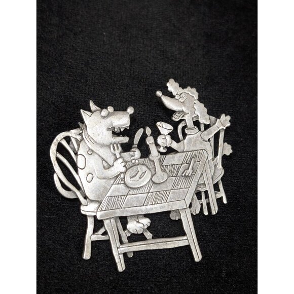 Vintage JJ Jonette Dog Dinner Date Pup Poodle Silver Tone Couple Candelight - Picture 2 of 8